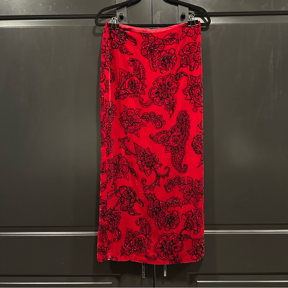 Vintage Black Beaded Red Velvet Maxi Skirt with Back Slit